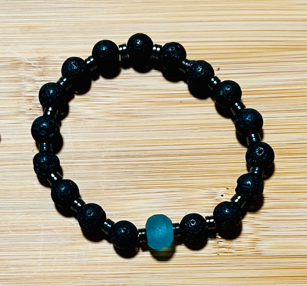 Lava, Hematite & Sea Glass Bracelet